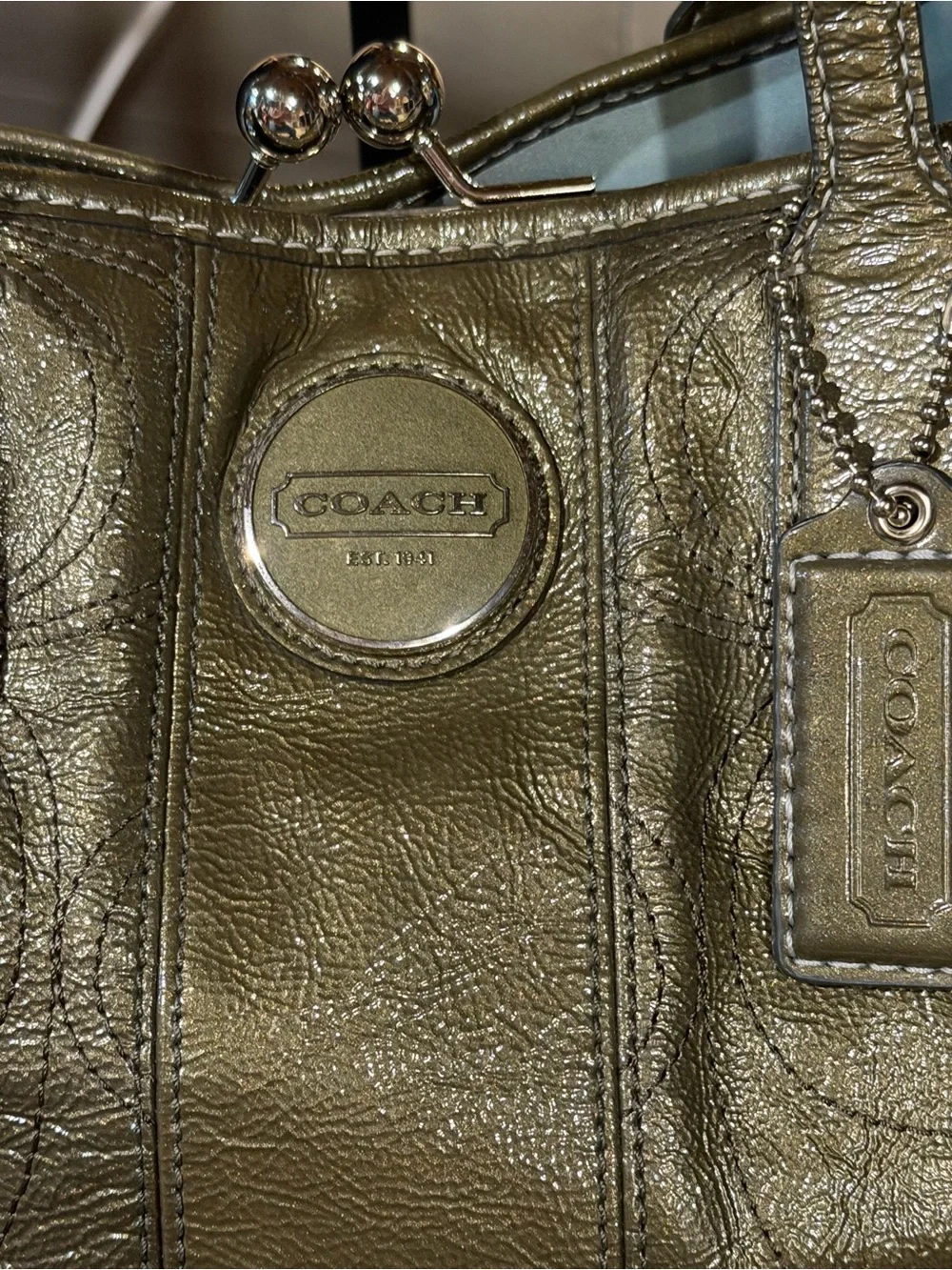 Coach Poppy Glam Tote F15658 Metallic Olive Patent Leather Kisslock Shoulder Bag